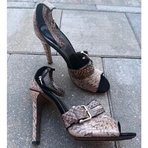 DEREK LAM brown tan black snakeskin Fara ankle wrap penny loafer sandals heels